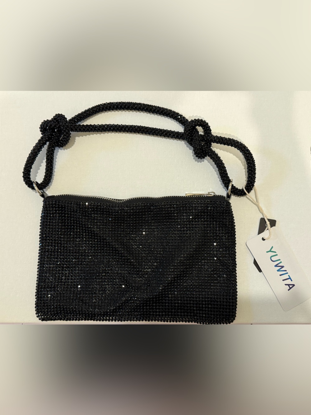 Yuwita Black Beaded Mini Shoulder Bag with Knot Handle